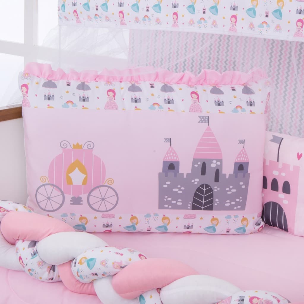 Kit Berço Americano Almofadinhas 13 peças Bebê Menina Princesa Rosa