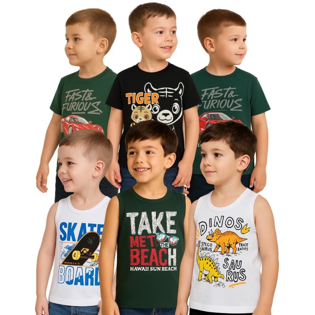 KIT 6 PEÇAS SORTIDAS INFANTIS DE MENINO - 3 REGATAS E 3 CAMISETAS ESTAMPADAS - VERÃO PREMIUM