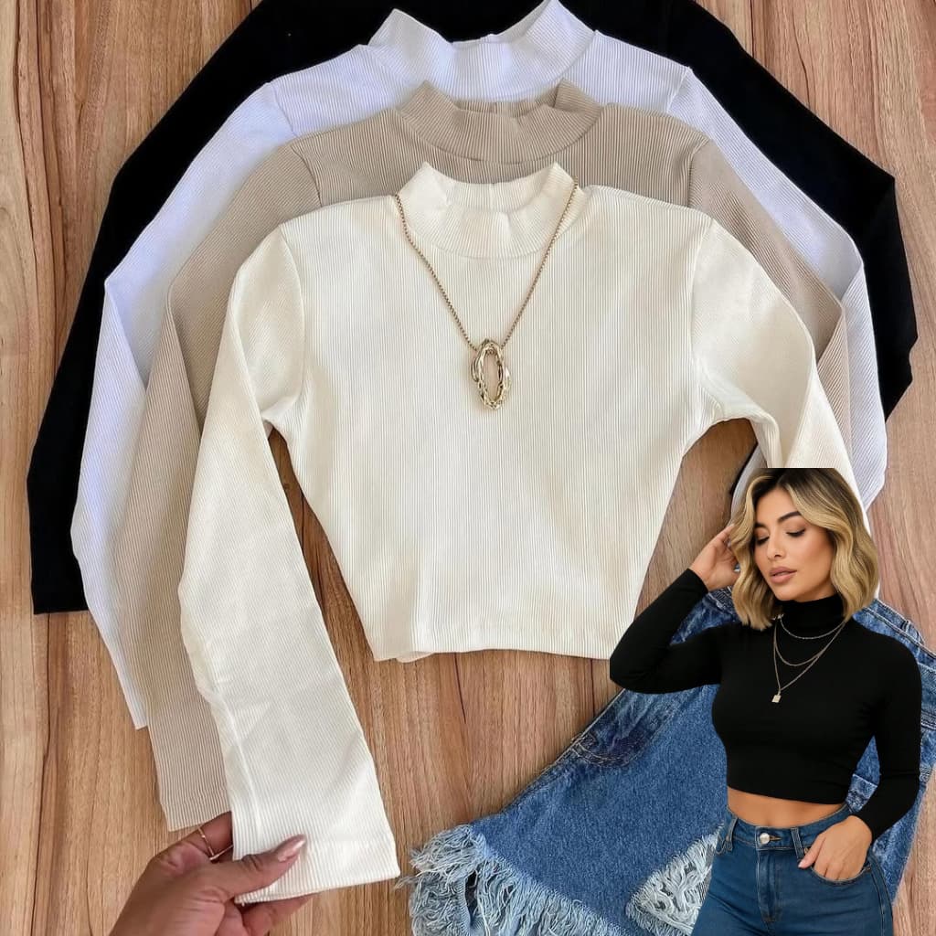 Kit 3 Cropped Feminino Canelado Manga Longa Cacharrel Básico e Estiloso Tecido Premium Gola Média