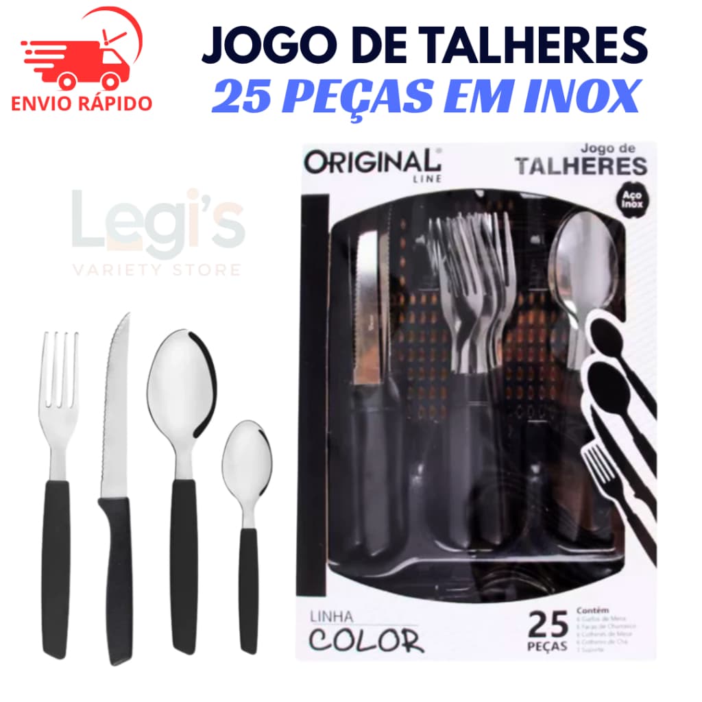 Jogo de Talheres 25 Peças Inox com Suporte – Conjunto Completo com Garfos, Facas e Colheres