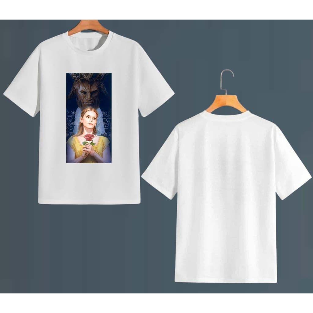 Camiseta branca 100% poliéster Bela e a Fera, Beauty and the Beast.
