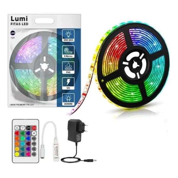 Fita LED Rolo 5m 300 Leds Prova Dágua Bivolt Rgb Colorido