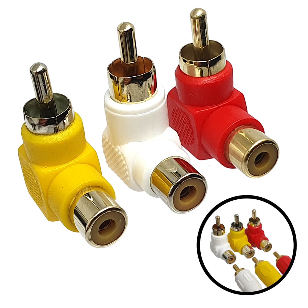 Kit 3 Adaptadores RCA A/V 90 Graus Amarelo, Branco e Vermelho em L
