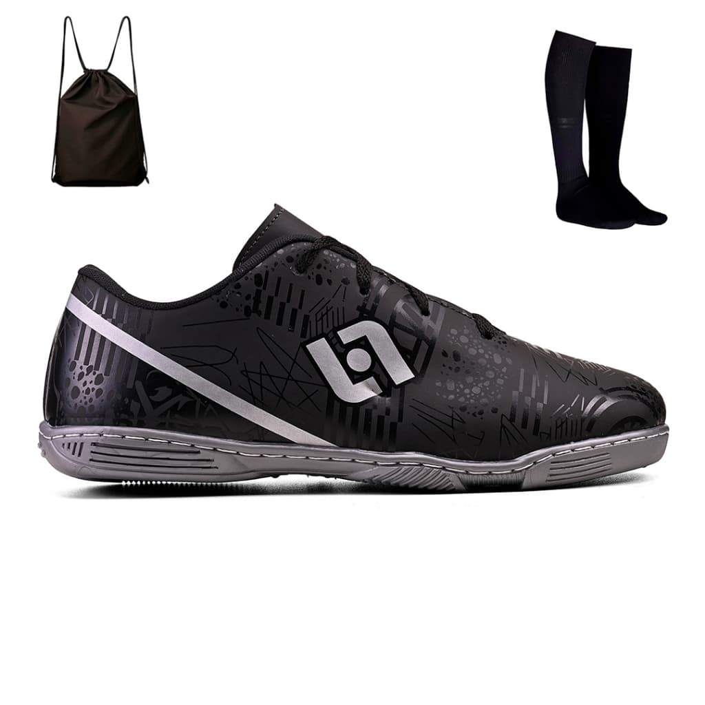 Kit Chuteira Masculina Indoor Quadra Futebol Salao Costurada + Mochila e Meiao