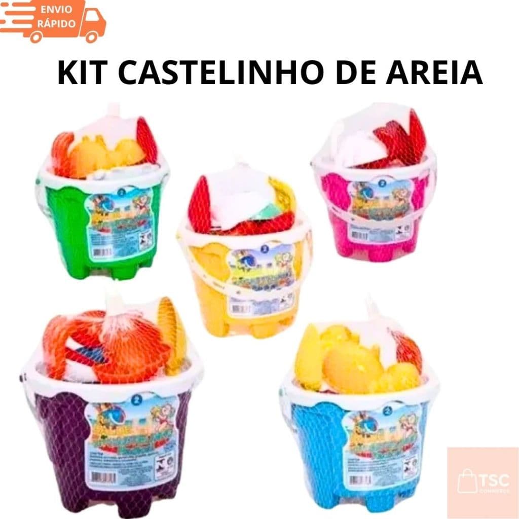 Kit Castelinho Areia Infantil com Balde Peneira Pá Rastelo 4 Moldes Bichos Sortidos – Cores Sortidas