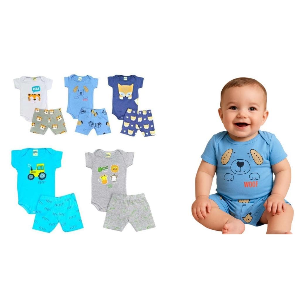 Kit com 5 Conjuntos Body Menino Estampas Variadas Do P Ao GG
