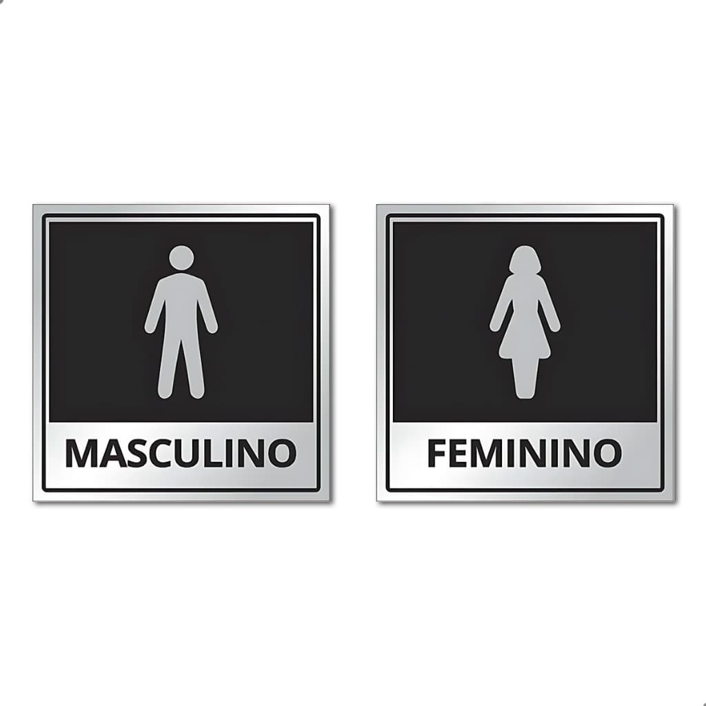 Kit 2 Placas Banheiro Masculino e Feminino Preto Alumínio 15x15cm Sinalização Porta Parede Resistente