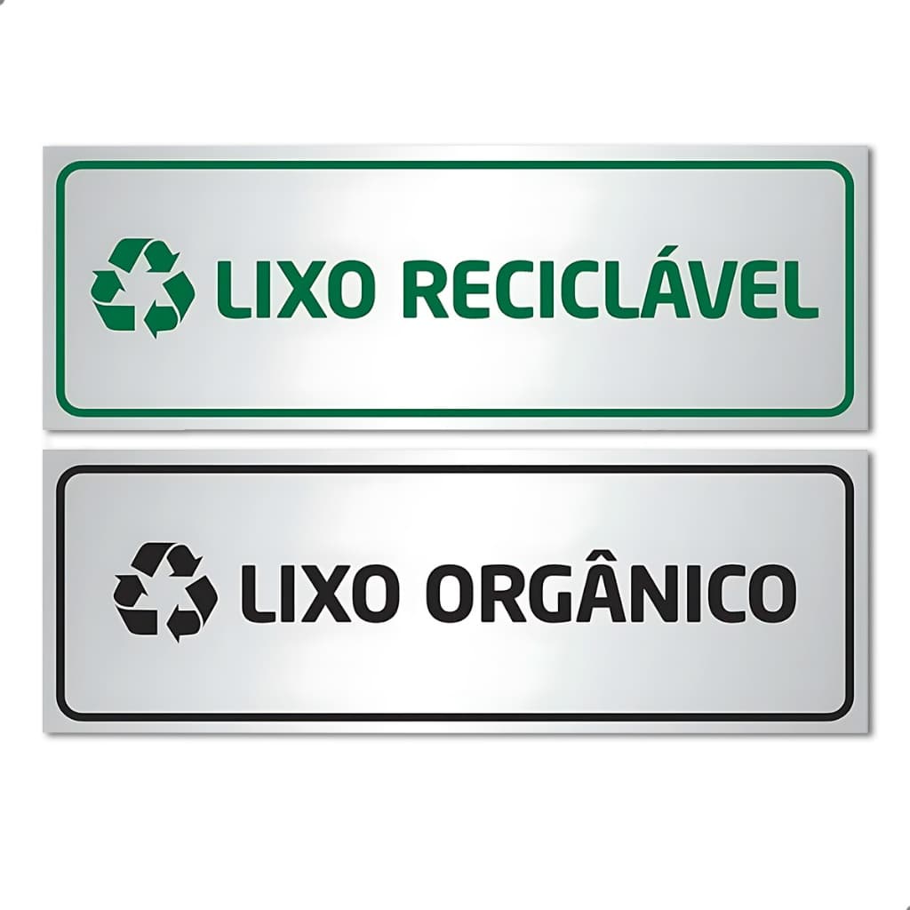 Kit 2 Placas Lixo Reciclável e Orgânico Alumínio 29x10cm Sinalização Ambiente Coleta Seletiva Durável