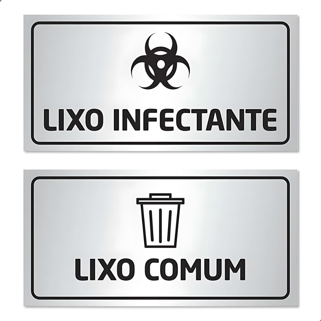 Kit 2 Placas Lixo Comum e Infectante Alumínio 20x10cm Sinalização Hospitalar Aviso Resíduo Perigoso Durável