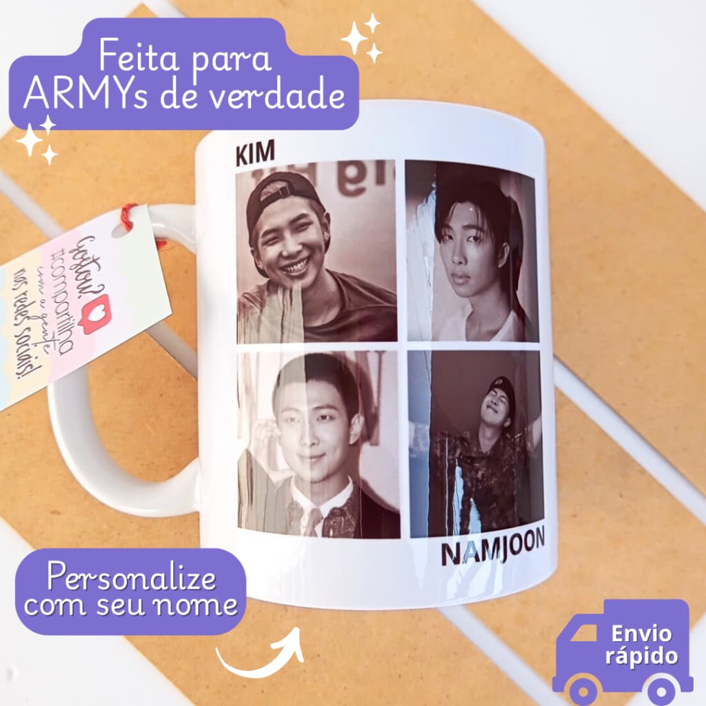 Caneca Kim Namjoon BTS Personalizada com Nome | Presente para Fã K-pop ARMY | 325ml Branca