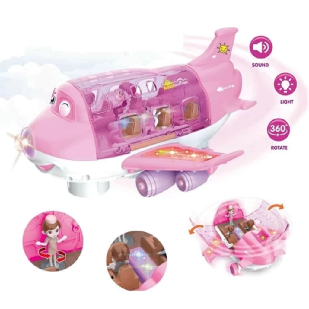Avião Maluco Brinquedo Giratorio Musical Gira 360 Bate E Volta Com Som Luz Rosa e Azul Menino e Menina Bonecos