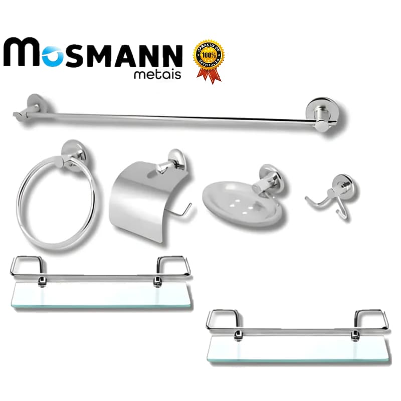 Kit Acessórios 7 Peças Metal Inox + Porta shampoo Reto Incolor Metal.