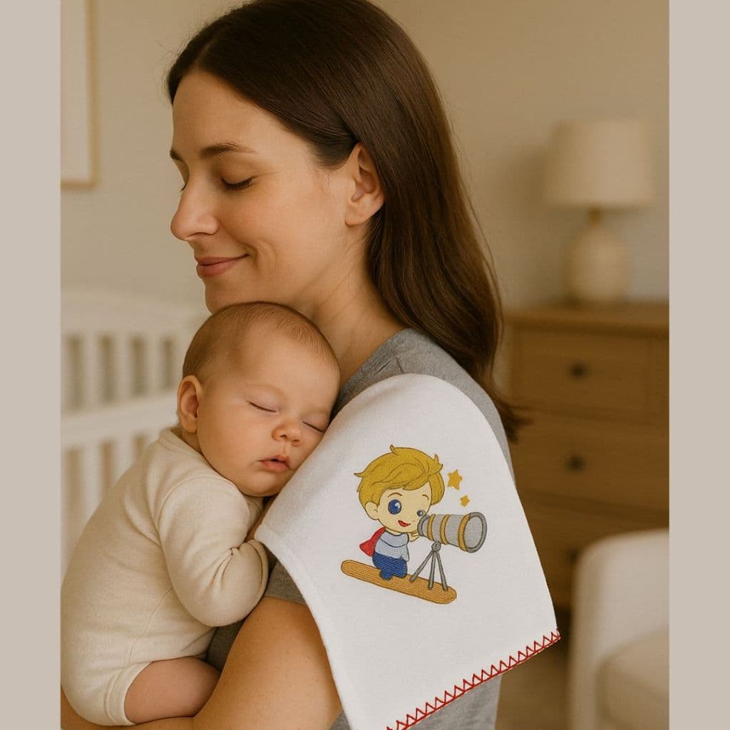 Pano de boca duplo fralda forrada com bordado do pequeno principe babete boquinha picueta crochet