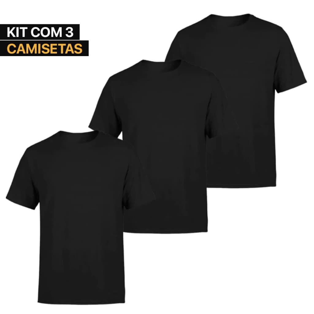 Kit 3 Camisetas Preta Básicas Masculina Manga Curta 100% Poliester Uniforme