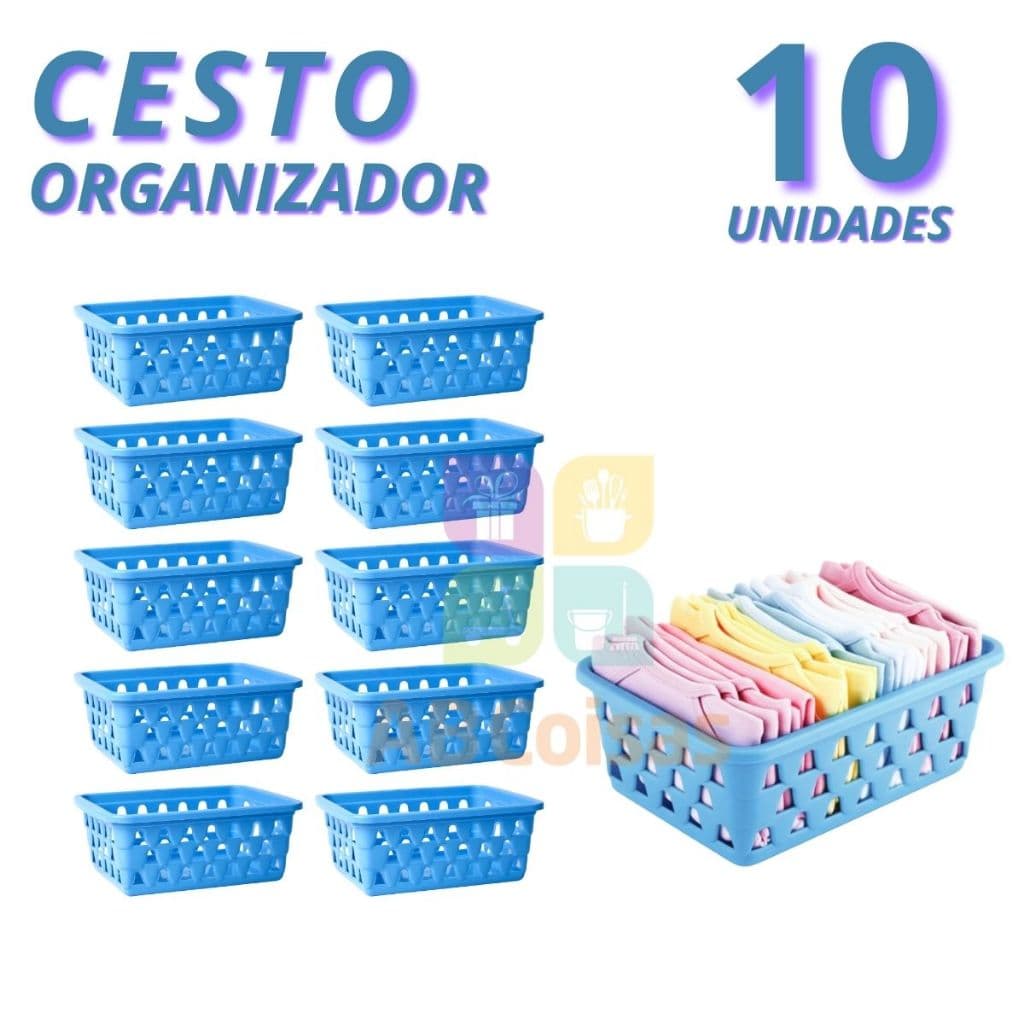 Kit 10 Cesto Organizador Multiuso Pequeno Azul 16x12x6cmGaveta Guarda Roupa