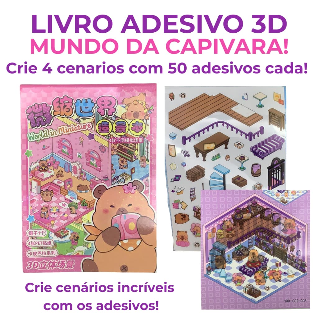 Livro Adesivo 3D Capivara Kawaii Criativo para Crianças Cenário Infantil Brinquedo Educativo Fofinho