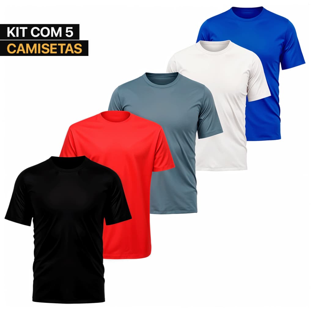 Kit 5 Camisetas Básica Masculina 100% Poliéster Manga Curta