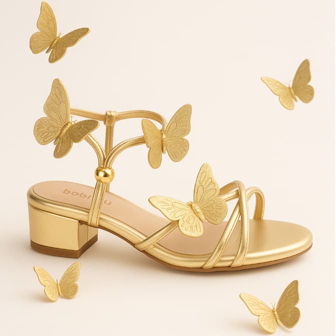 Sandália Feminina Casual Delicada Salto Bloco Menina Moda Borboleta Metalizada