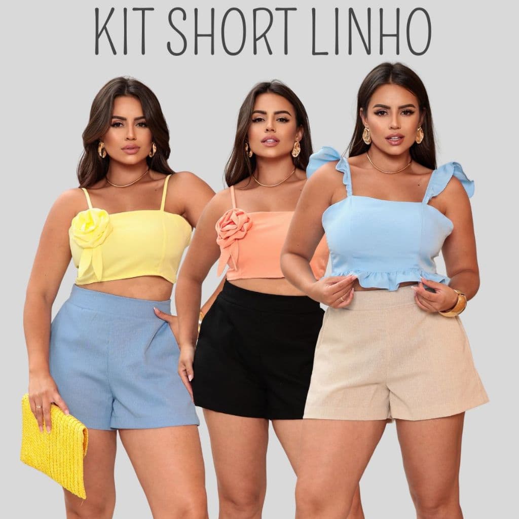 Kit 2 Short Feminino Linho Cintura Alta Bolsos Casual Básico Promoção