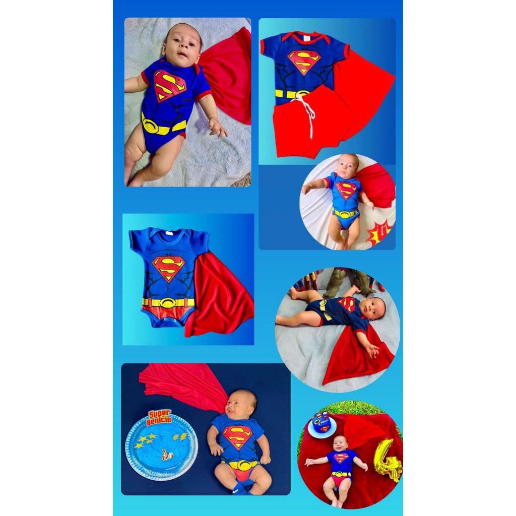 Body Bebê Temático Superman - Body Super Homem Body Super Heroi Body Com Capa Fantasia para bebê Kit Mesversário