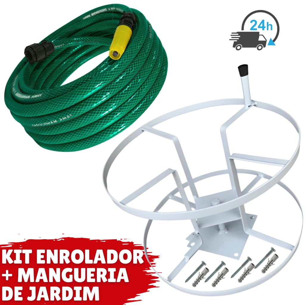Kit Enrolador Giratório De Mangueira 30m + Mangueira Trançada De Jardim Com Esguicho e Conectores