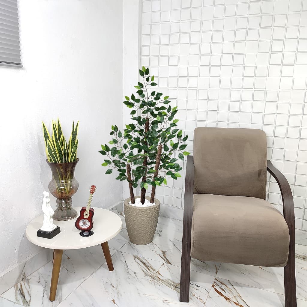 Planta Artificial Fícus Verde Vaso Cone Mármore Figueira Benjamina Pedra