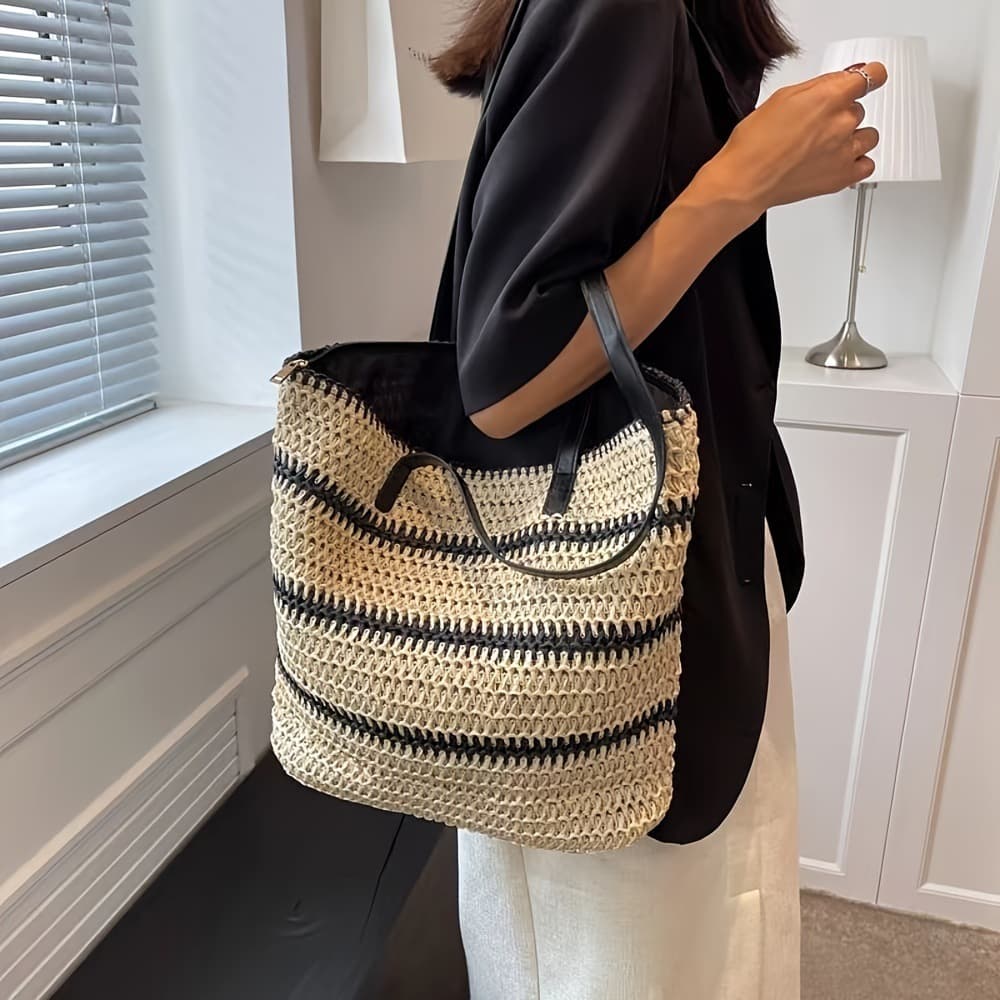 Bolsa de ombro listrada feita à mão, bolsa de palha com tendência japonesa e coreana, bolsa de praia