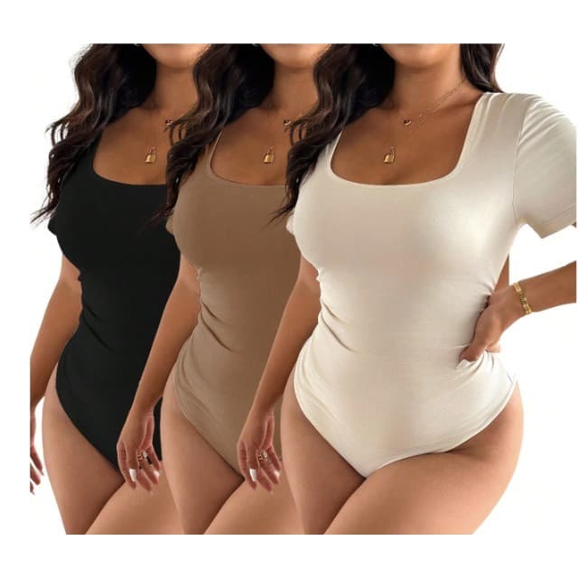 Body Feminino Manga Curta com Fecho Plus Size Curve Gringa Decote Quadrado Bori Blusa Suplex P002