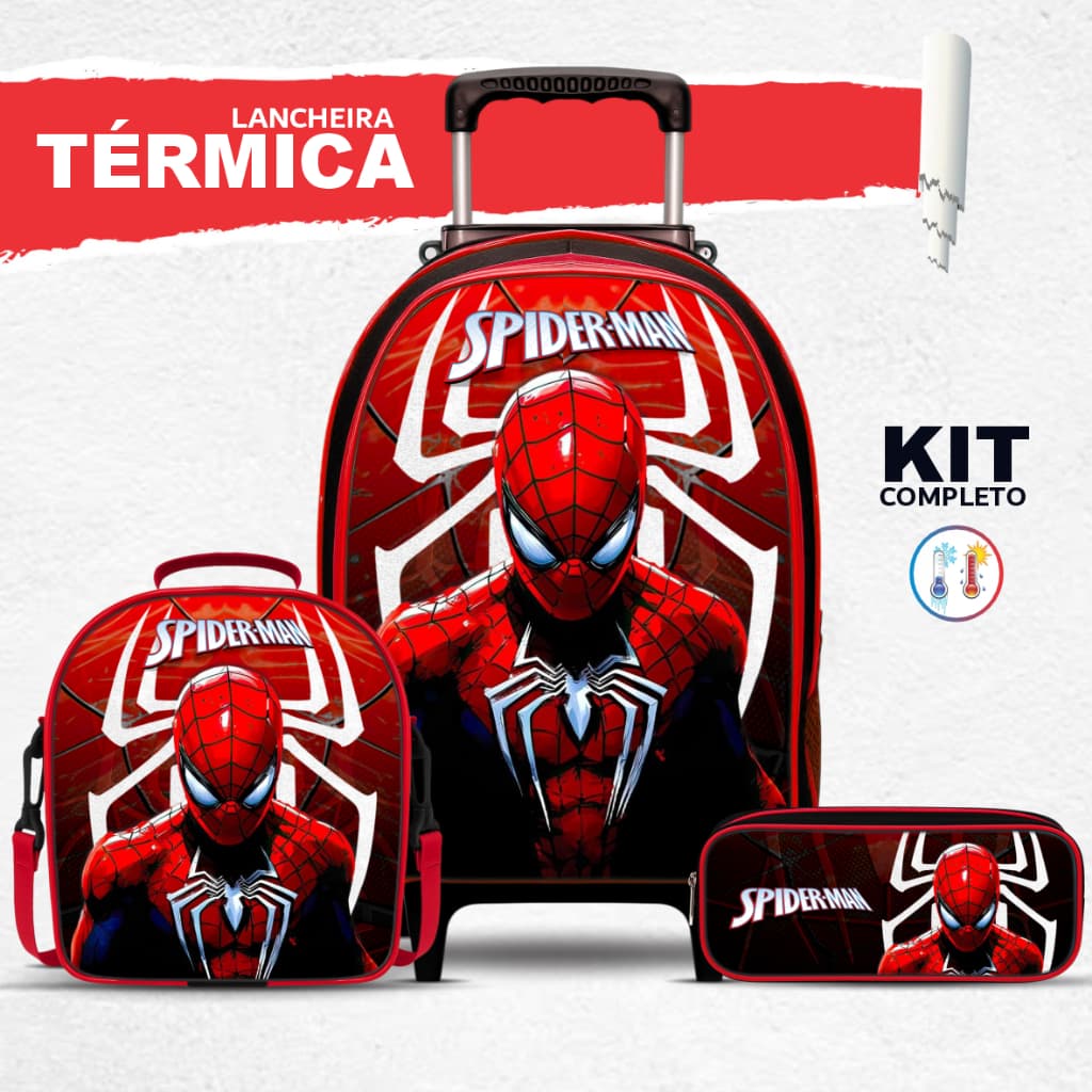 Mochila Escolar Aranha com Lancheira TÉRMICA e Estojo BOX - Rodinha - Menino - Masculino