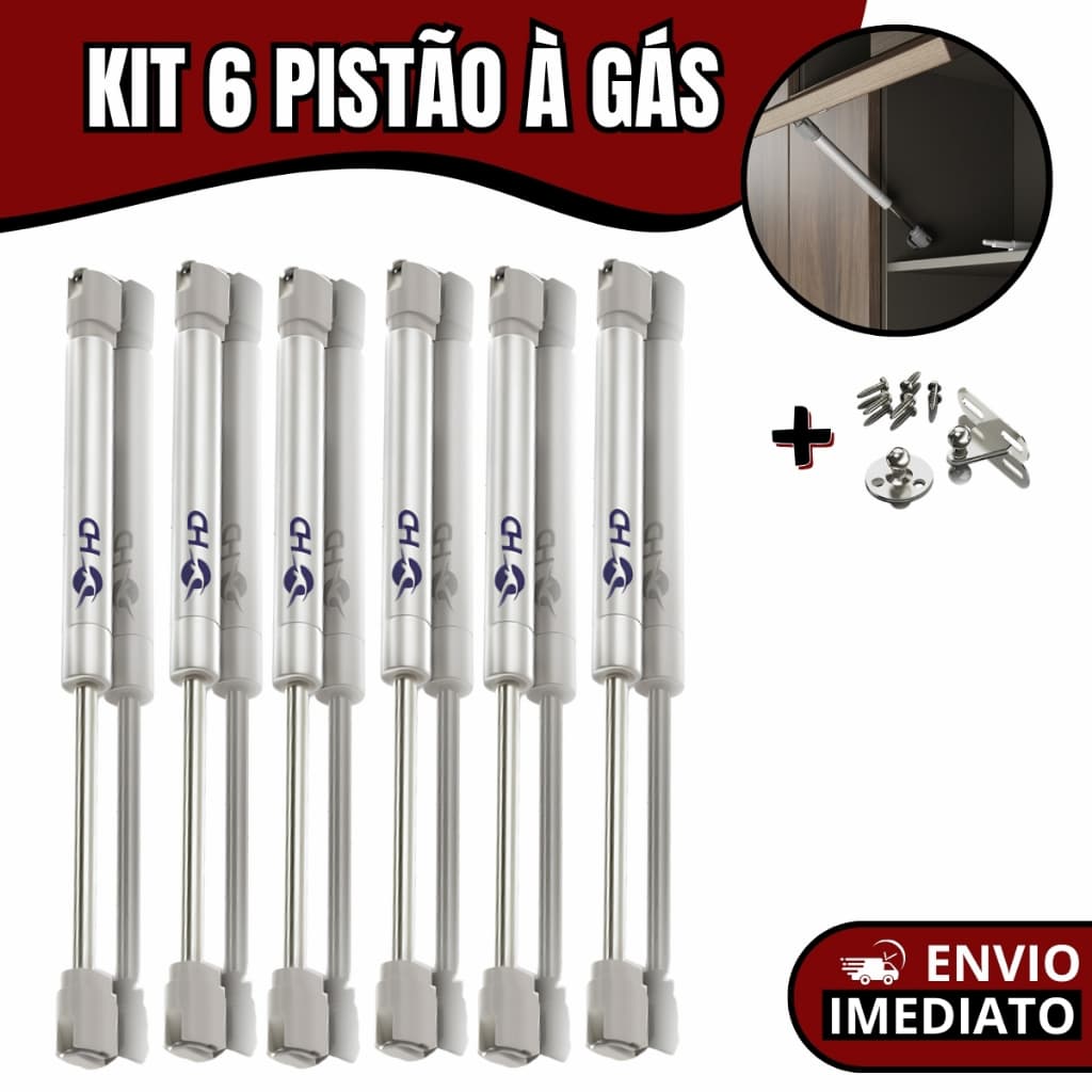 Kit 6 Pistões à Gás para Portas de Armário Cozinha com Amortecedor para Abertura Superior