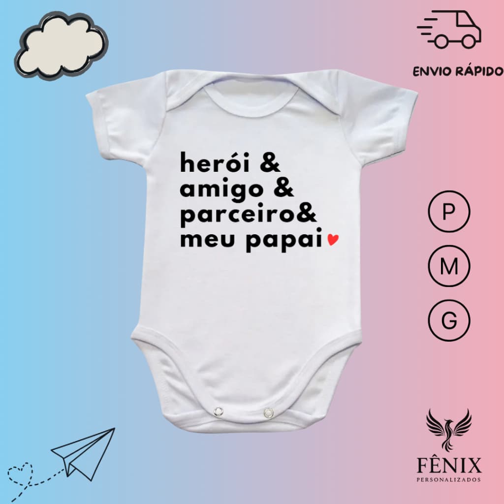 Body de Bebê Personalizado Papai Herói Amigo Parceiro Frases Criativo Dia Dos Pais