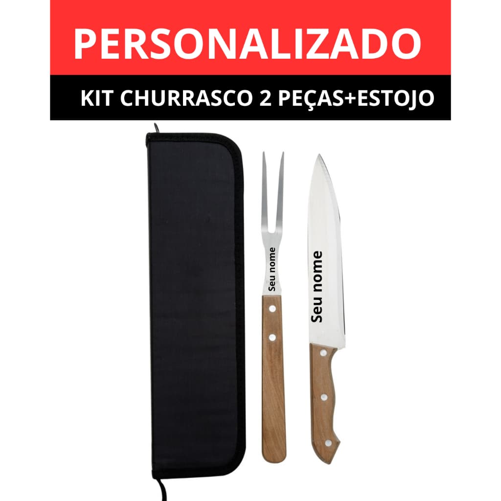 Kit churrasco 2 peças inox personalizado com estojo cabo madeira dia dos pais namorado presente