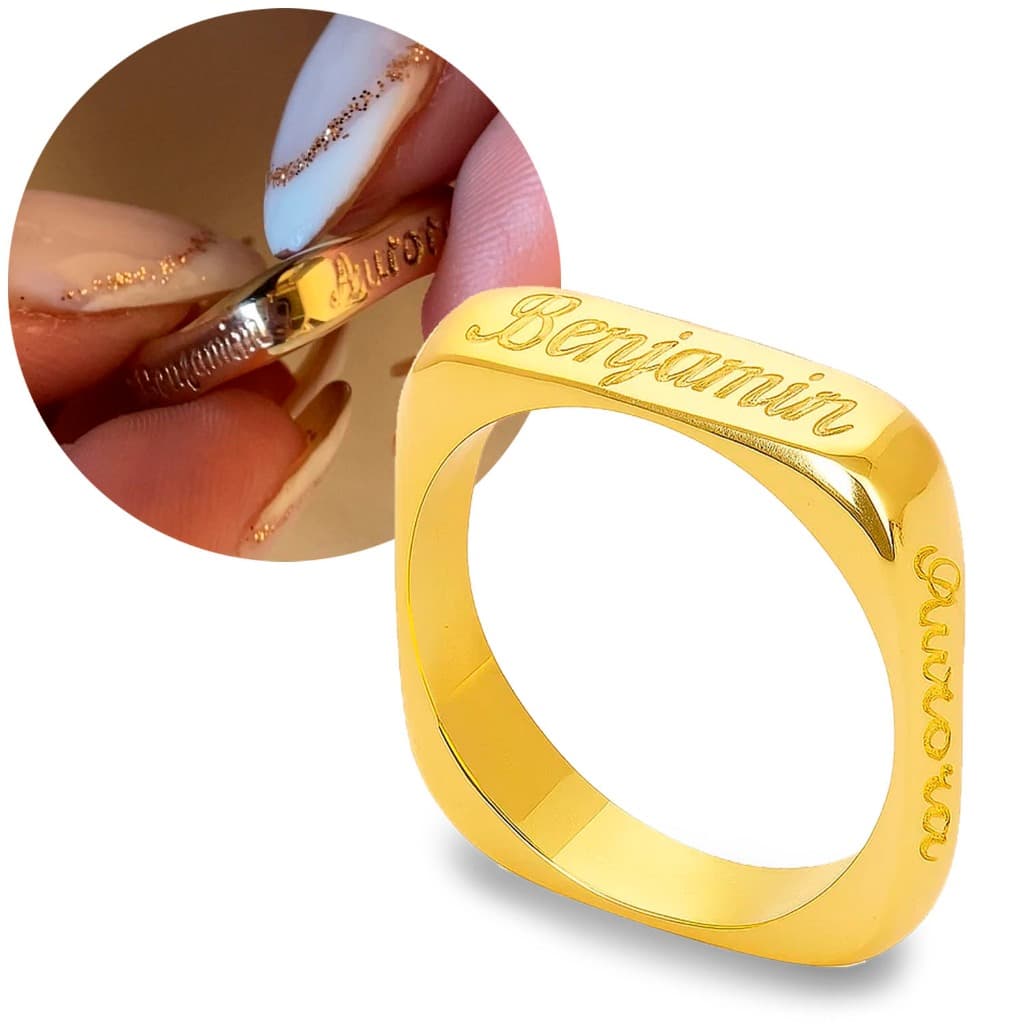 Anel Quadrado Em Moeda Antiga Com Gravação De Nomes Personalizado Dourado