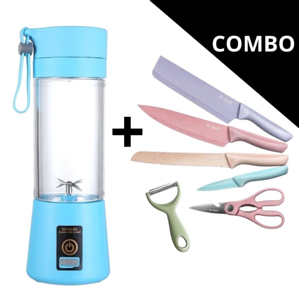 Combo 6 Facas Coloridas Inox + Mini Liquidificador Portátil USB 6 Lâminas Recarregável HM-03