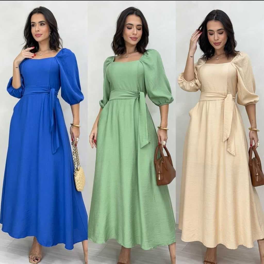 Vestido Feminino Midi Com Manga Bufante 3,4 Soltinho Forrado Elegante Moda Social Festa Luxo Longo Verão