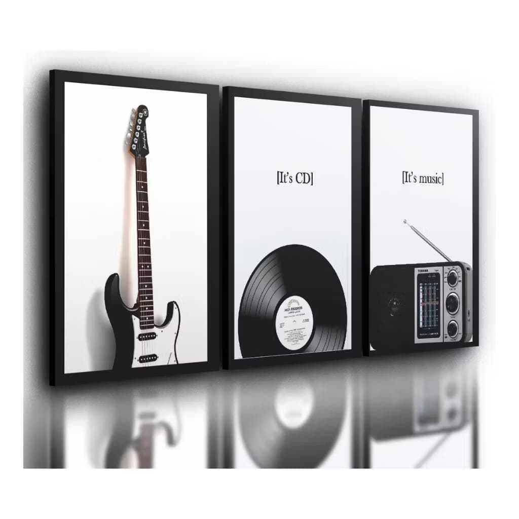 KIT Quadro Decorativo Rock Guitarra Radio Disco 3pç 60x40