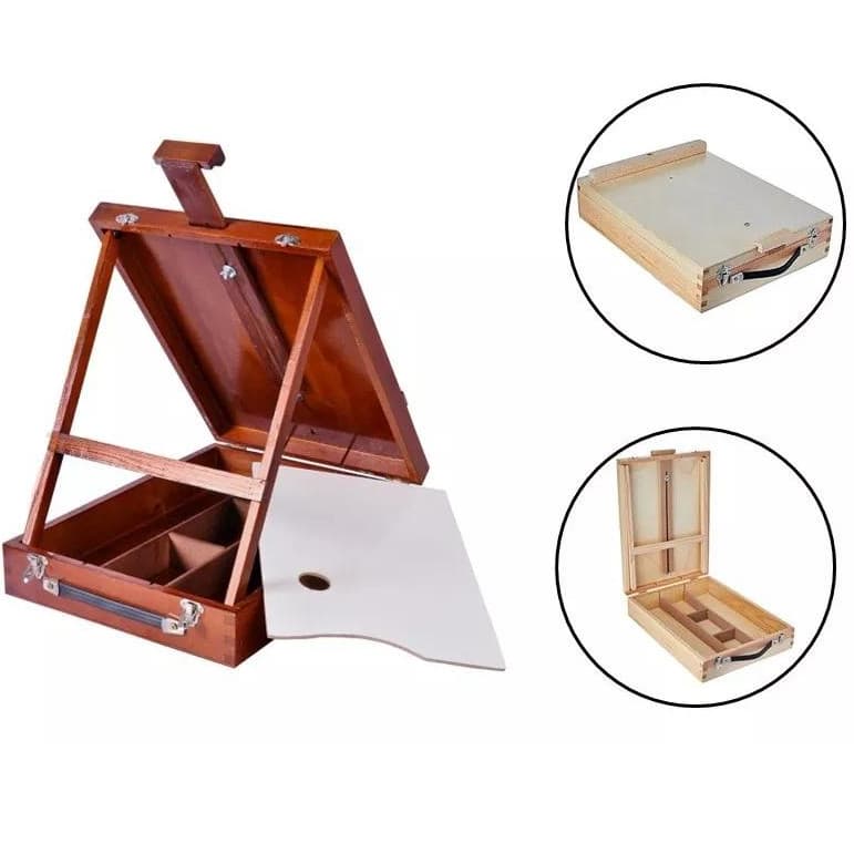 Estojo Maleta Cavalete Dobrável Pintura 2 em 1 Para Mesa Mogno + Paleta GRÁTIS