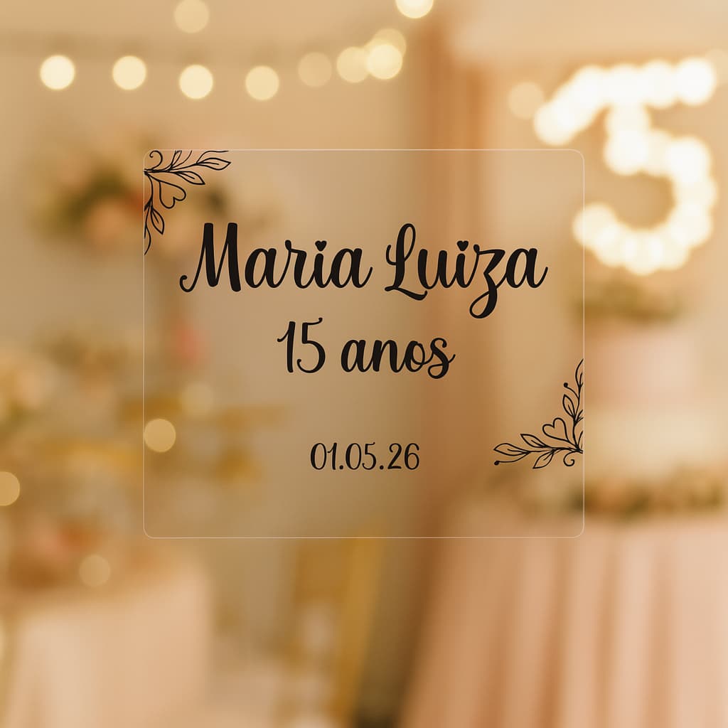 Adesivo Transparente Personalizado Casamento 15 Anos 5x4cm Vinil Prova D'água para Copos e Taças e lembrancinhas