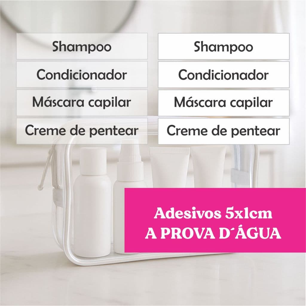 Kit Adesivos Necessaire Organização Banheiro Cabelo 5x1cm Lavável Shampoo, Condicionador, Máscara, Creme de Pentear