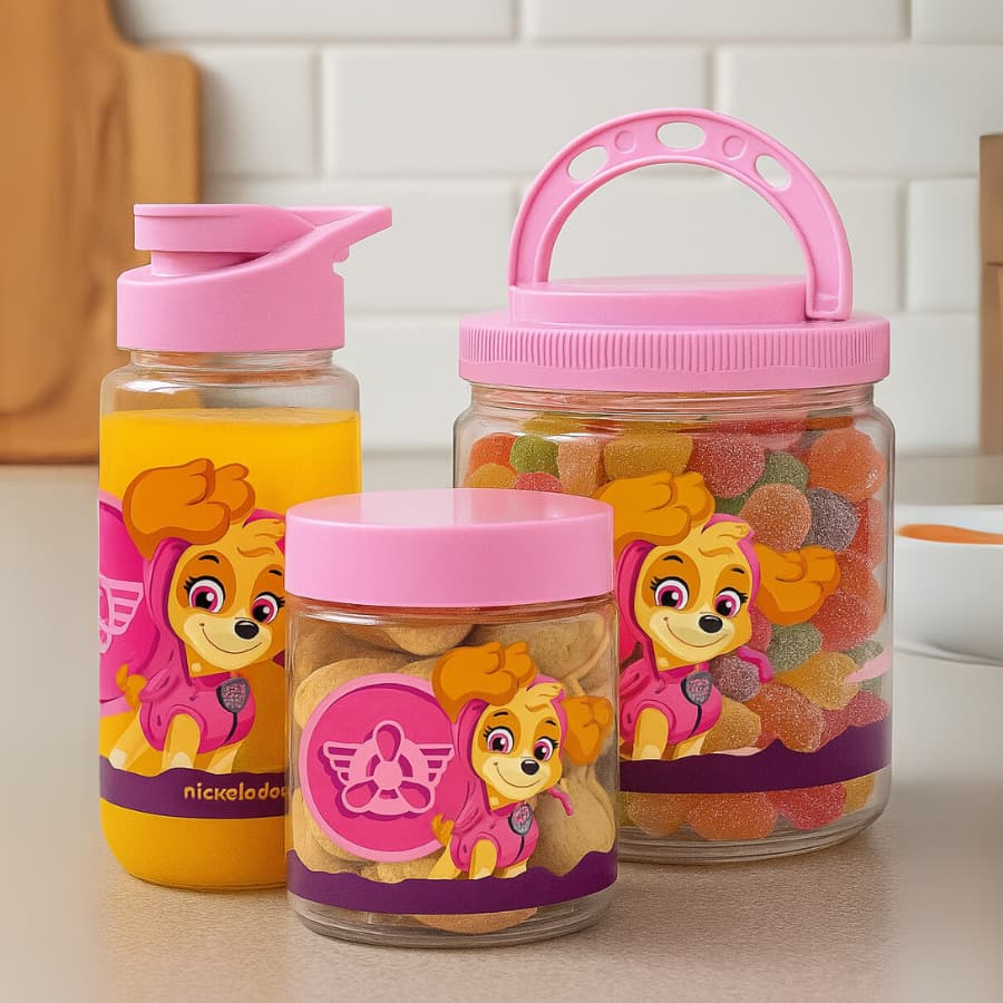 Kit Patrulha Canina Pote Com alça 1L Pote Mantimentos 550ml Garrafinha Agua 500ml Pipoqueira Patrulha Estojo