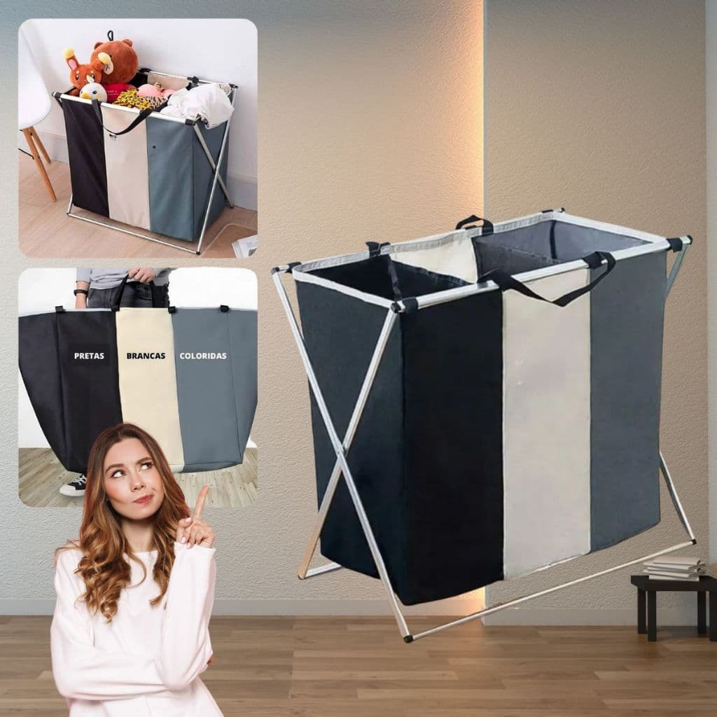 Cesto De Roupa Suja Dobrável Organizador 3 Compartimentos Brinquedo Lavanderia