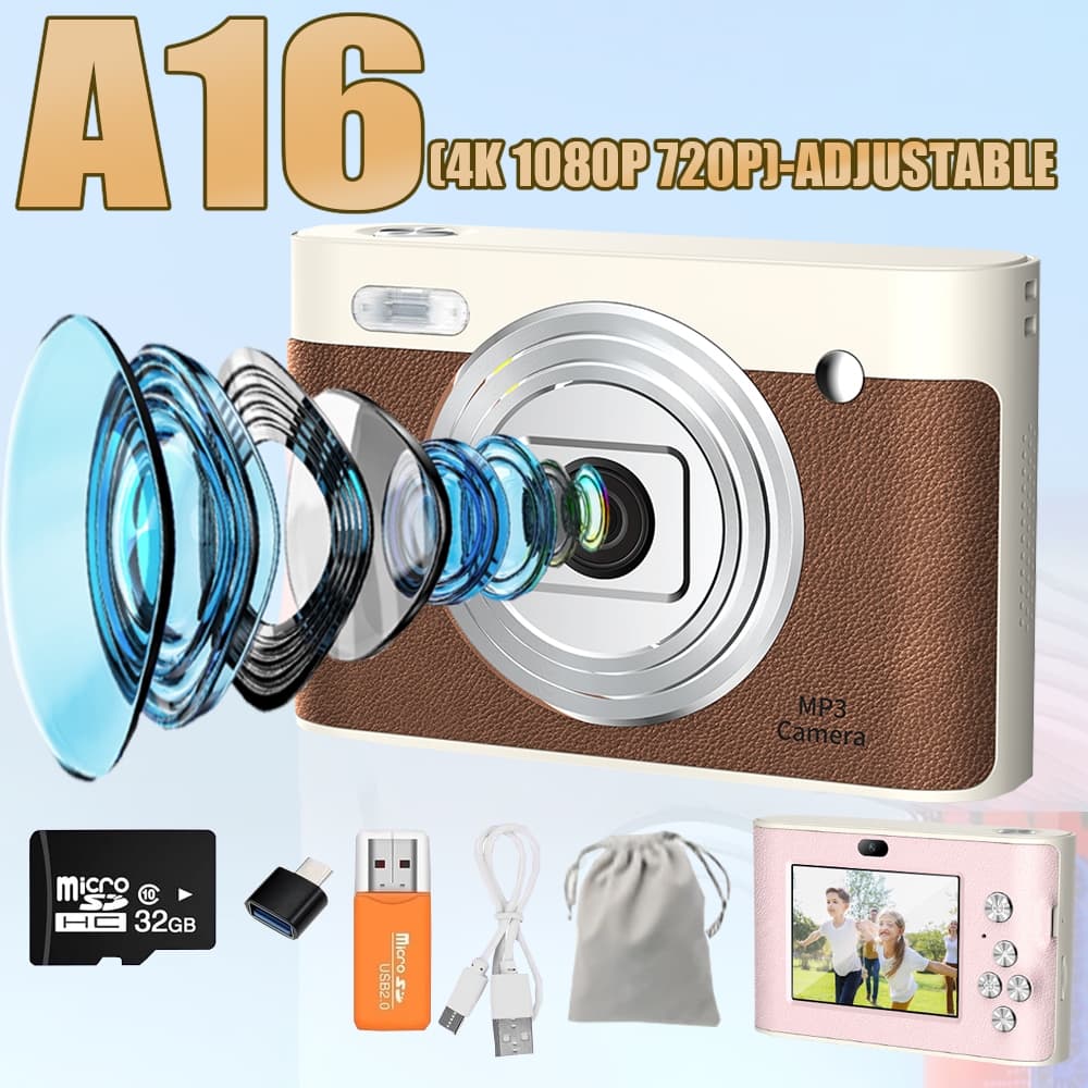 A16 Câmera digital HD 1080P Câmera digital recarregável de 2,4 polegadas com zoom 16x compacto 44MP