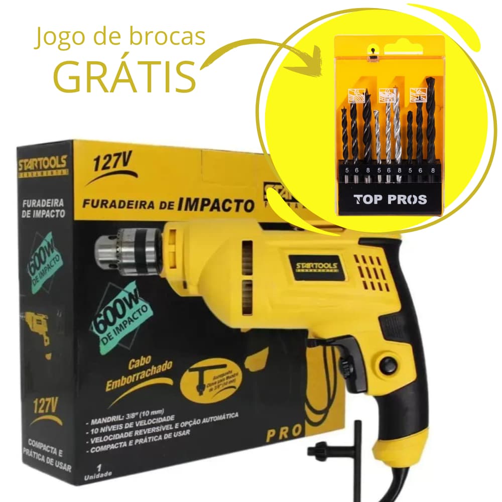 Furadeira de impacto com chave mandril e jogo de brocas grátis para metal e madeira