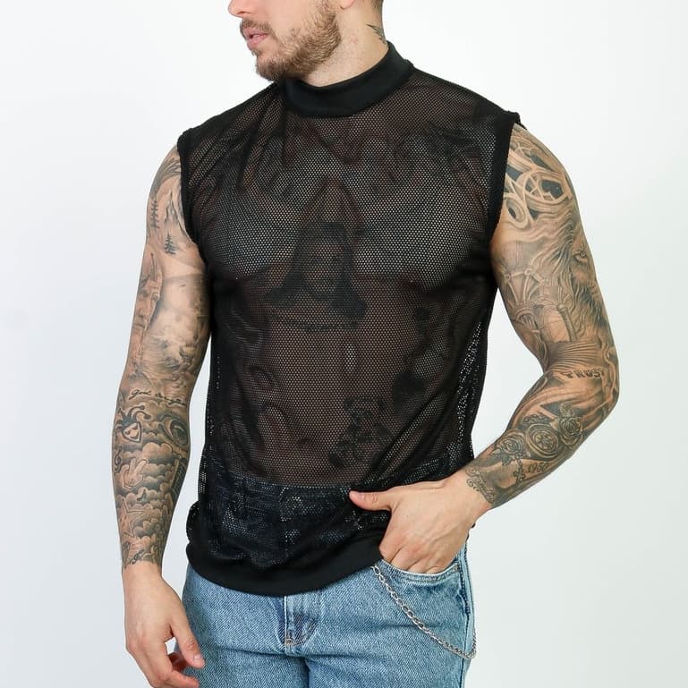 Camiseta Regata Gola Alta Malha Ramada Telinha Textura Slim Fit Camiseta Transparente Streetwear