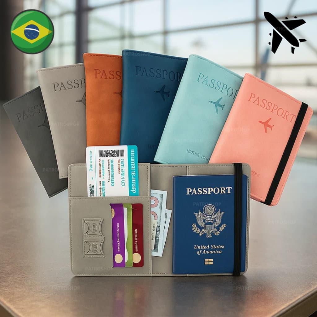 Carteira Porta Passaportes De Couro Viagens Organizador Case Cartões Antifurto Rfid