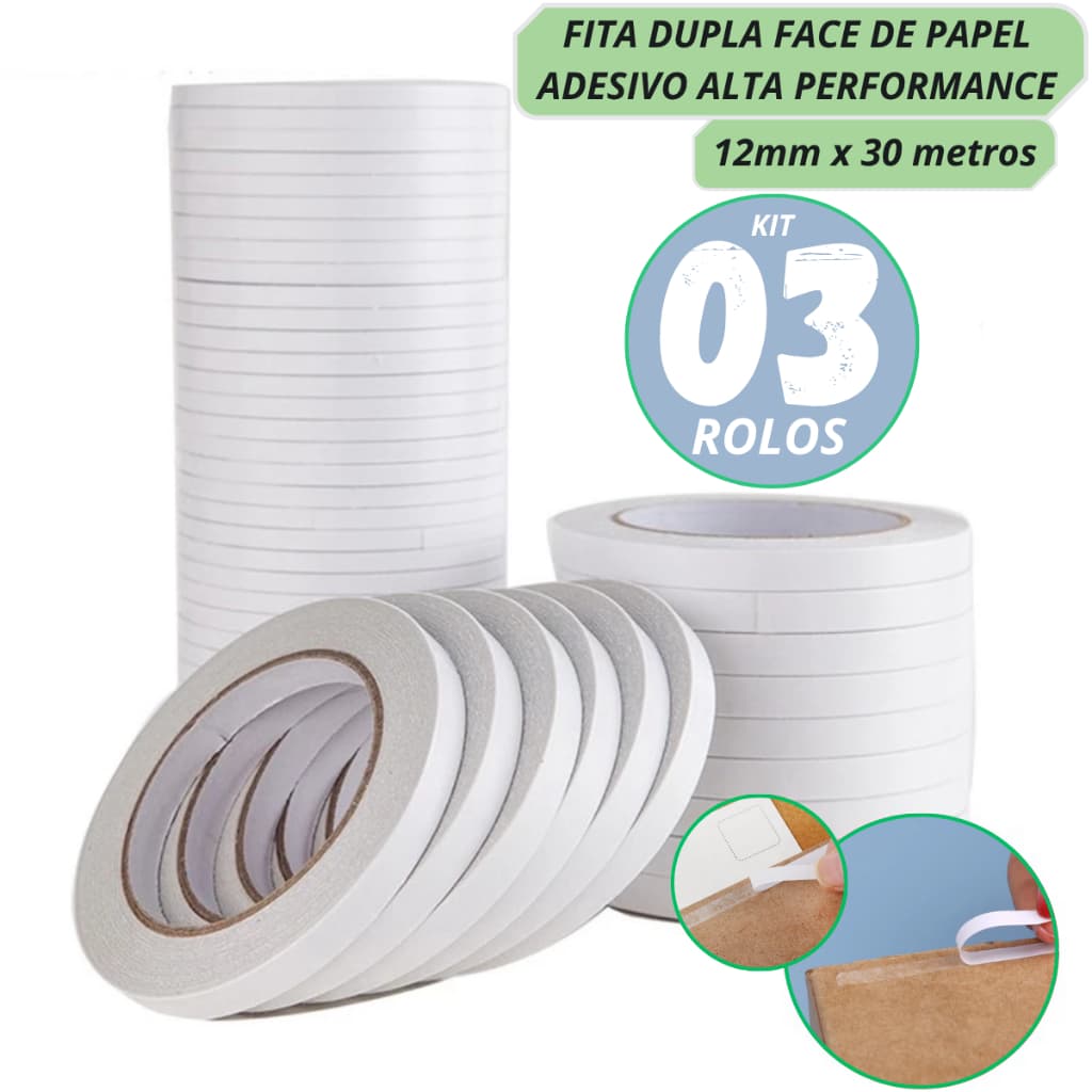 KIT 3 ROLOS DE FITA DUPLA FACE DE PAPEL ADESIVO HOT MELT 12MM X 30M