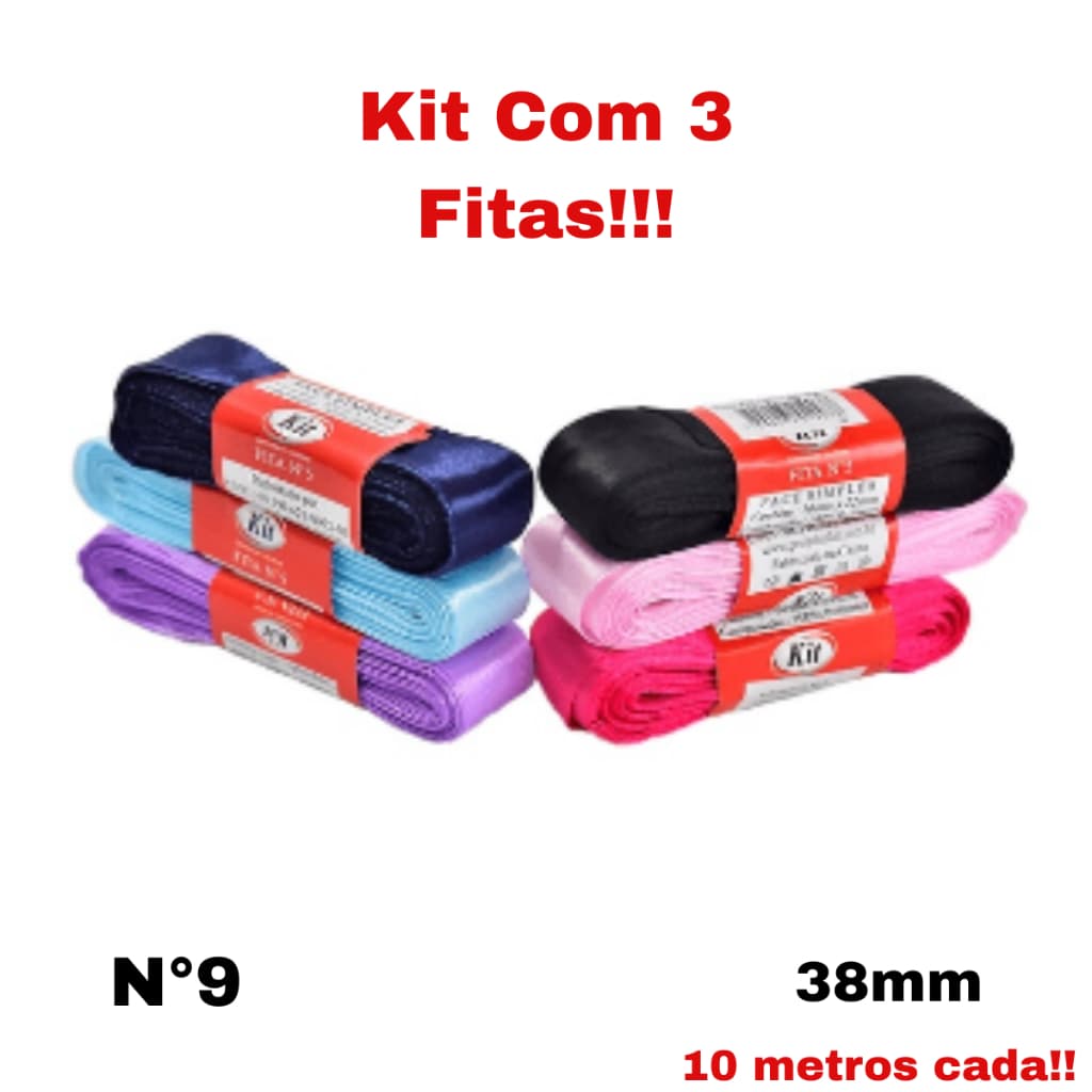 Kit 3 Fita Cetim N°9 (38mm x 10m) Para Artesanato Laço Decoração