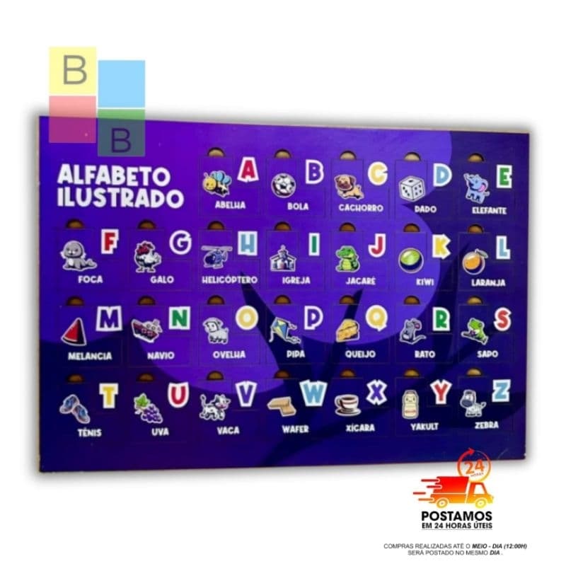 Tabuleiro Pedagógico Alfabeto Ilustrado Infantil A-Z Brinquedo Educativo Pedagógico