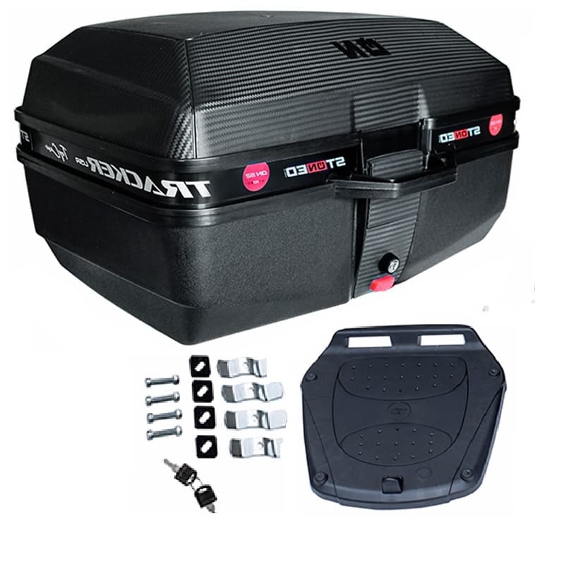 Baú Bauleto Moto 52 litros Stoned Tracker Base Universal Kit Fixação Completo Reforçado Novo
