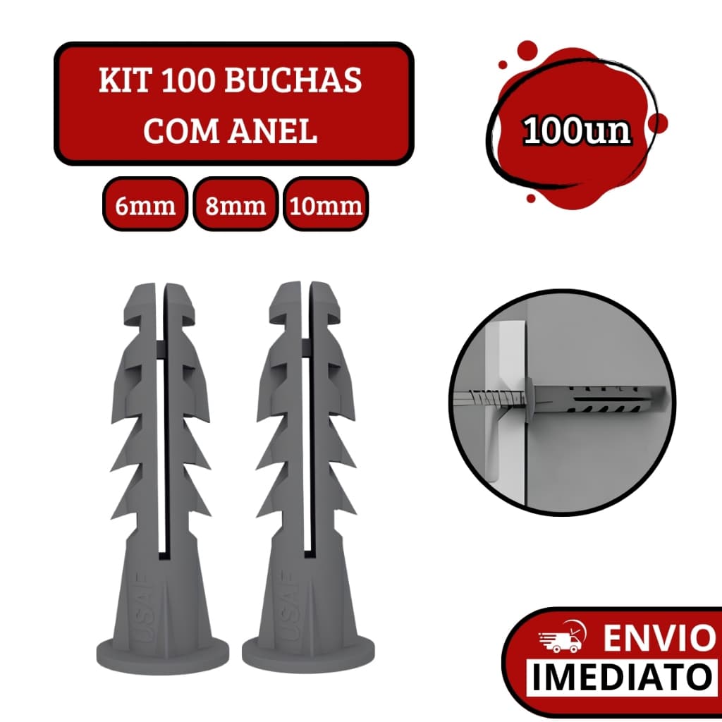 Kit 100 Buchas Com Aba Anel Para Fixação Parede De Concreto Tijolo Basalto - 6mm | 8mm | 10mm